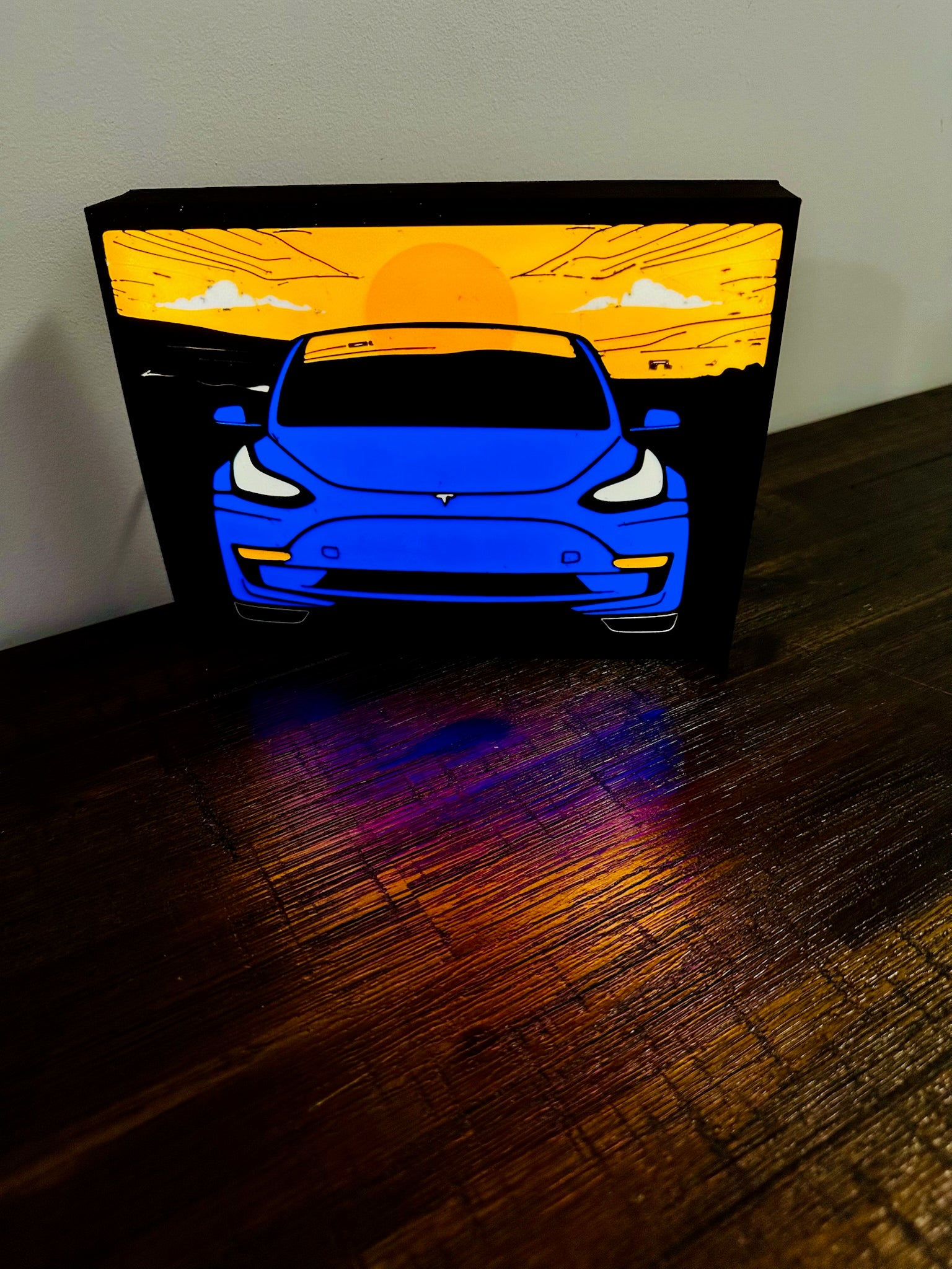 Tesla Model 3 - Stylised Car with Sunset - Night Light / Light Up Wall Art