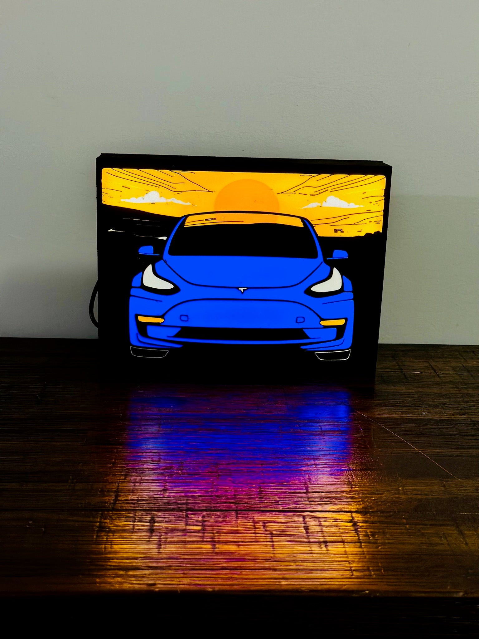 Tesla Model 3 - Stylised Car with Sunset - Night Light / Light Up Wall Art