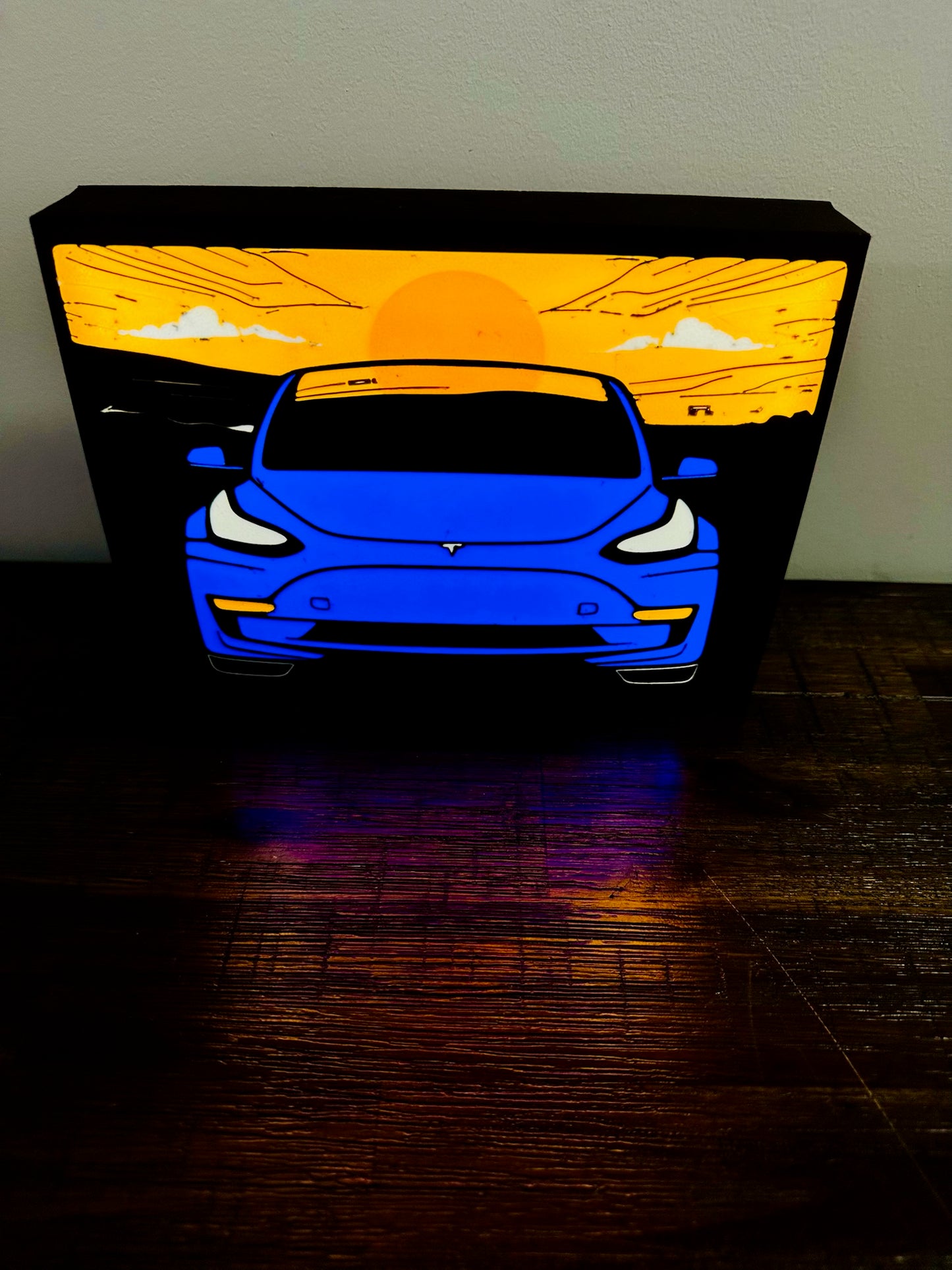 Tesla Model 3 - Stylised Car with Sunset - Night Light / Light Up Wall Art
