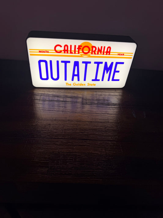 OUTATIME Plate - Back to the Future BTTF Logo - LED Light up sign / Illuminated Wall Art