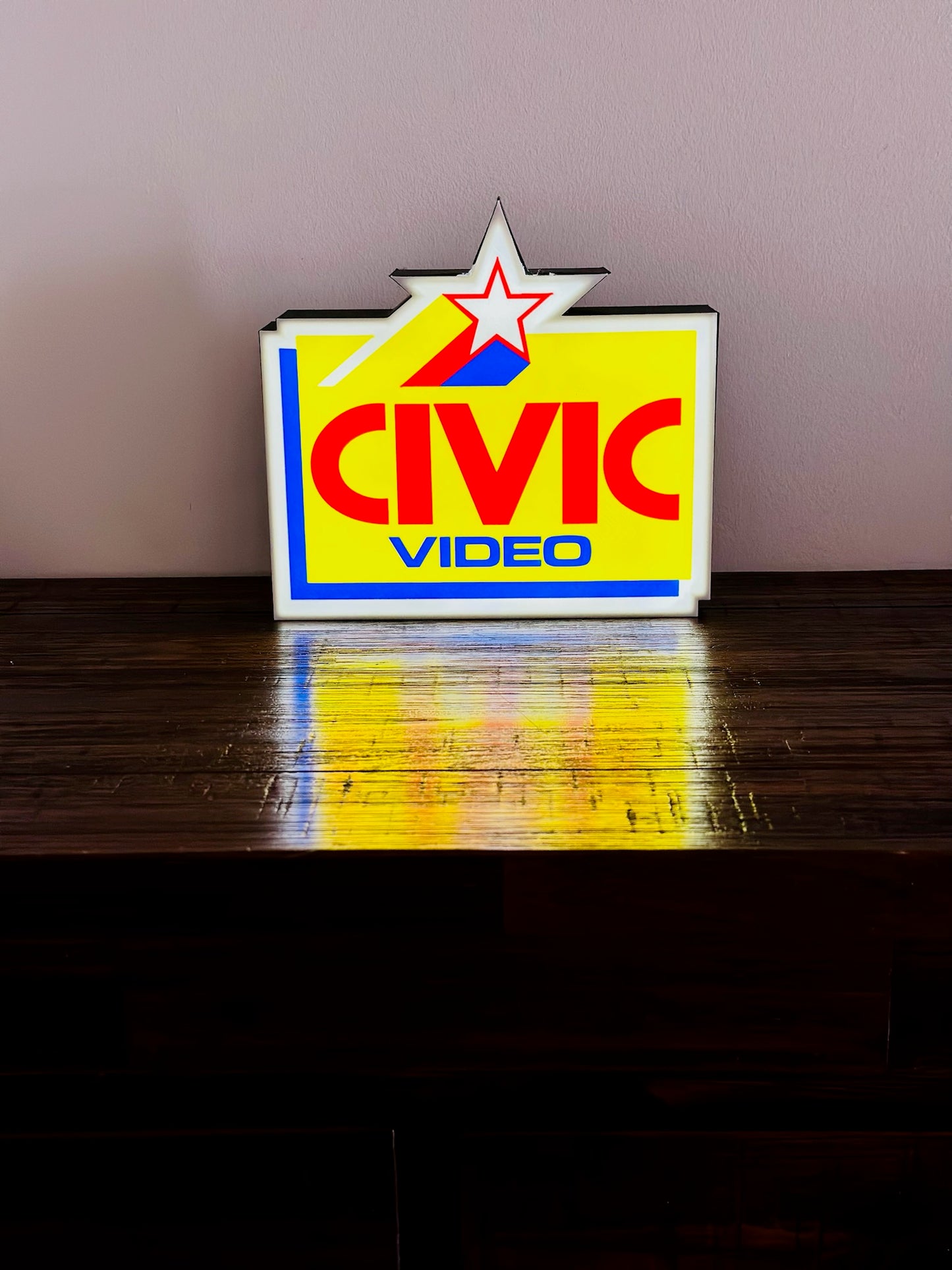 Civic Video Illuminated LED Sign, USB-Powered Night Light, Red, Yellow & Blue Wall Art