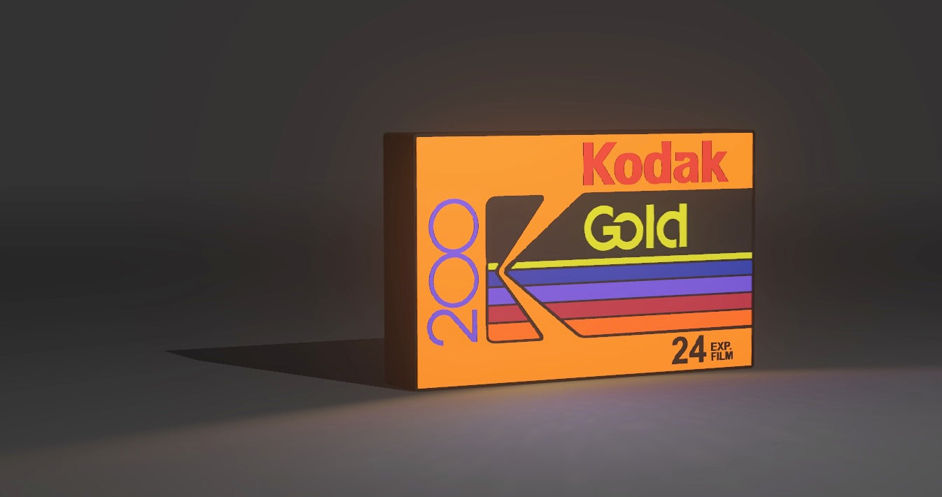 Vintage Film Photography LED Light - Retro 35mm Film Box Design with Orange Gradient and Rainbow Stripes