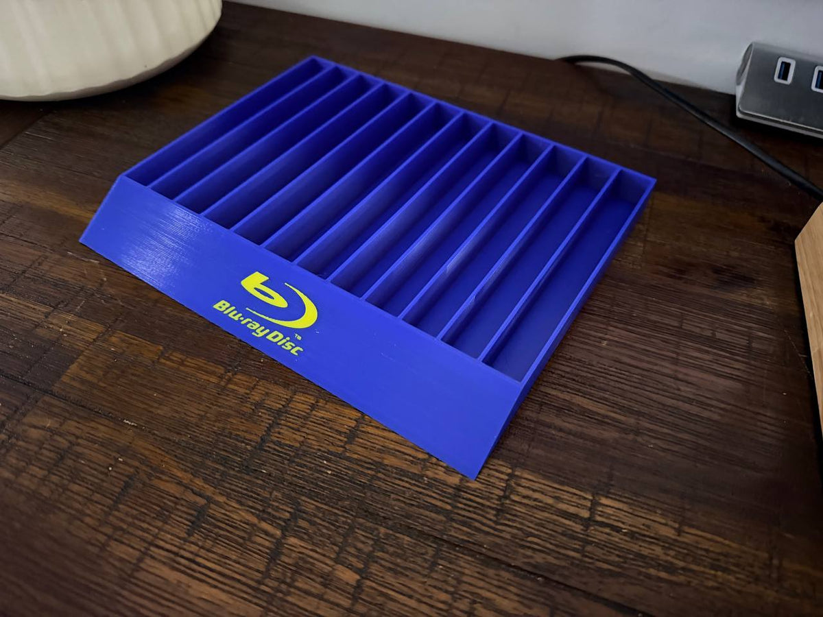 Blu-Ray Disc Logo / Blue base with yellow logo - 12 slot case holder, angled view