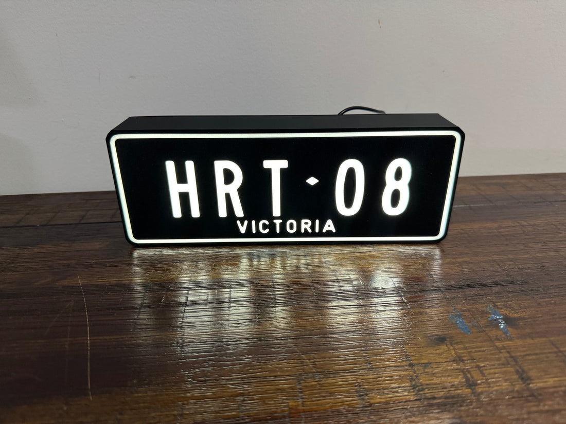 Custom LED light box lit up with HRT-08 Victoria plate design