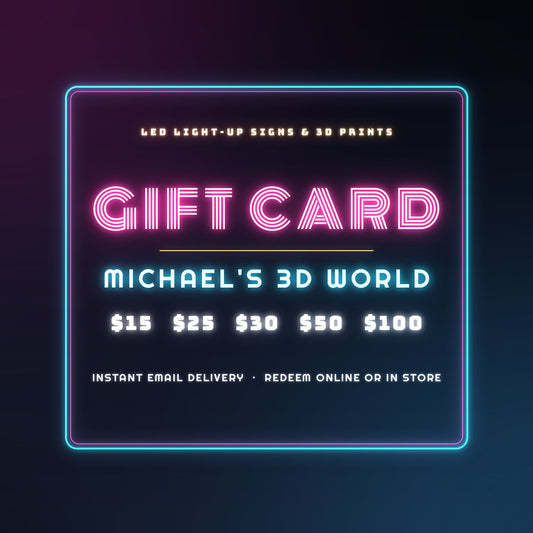 Michael's 3D World digital gift card — retro neon LED sign design