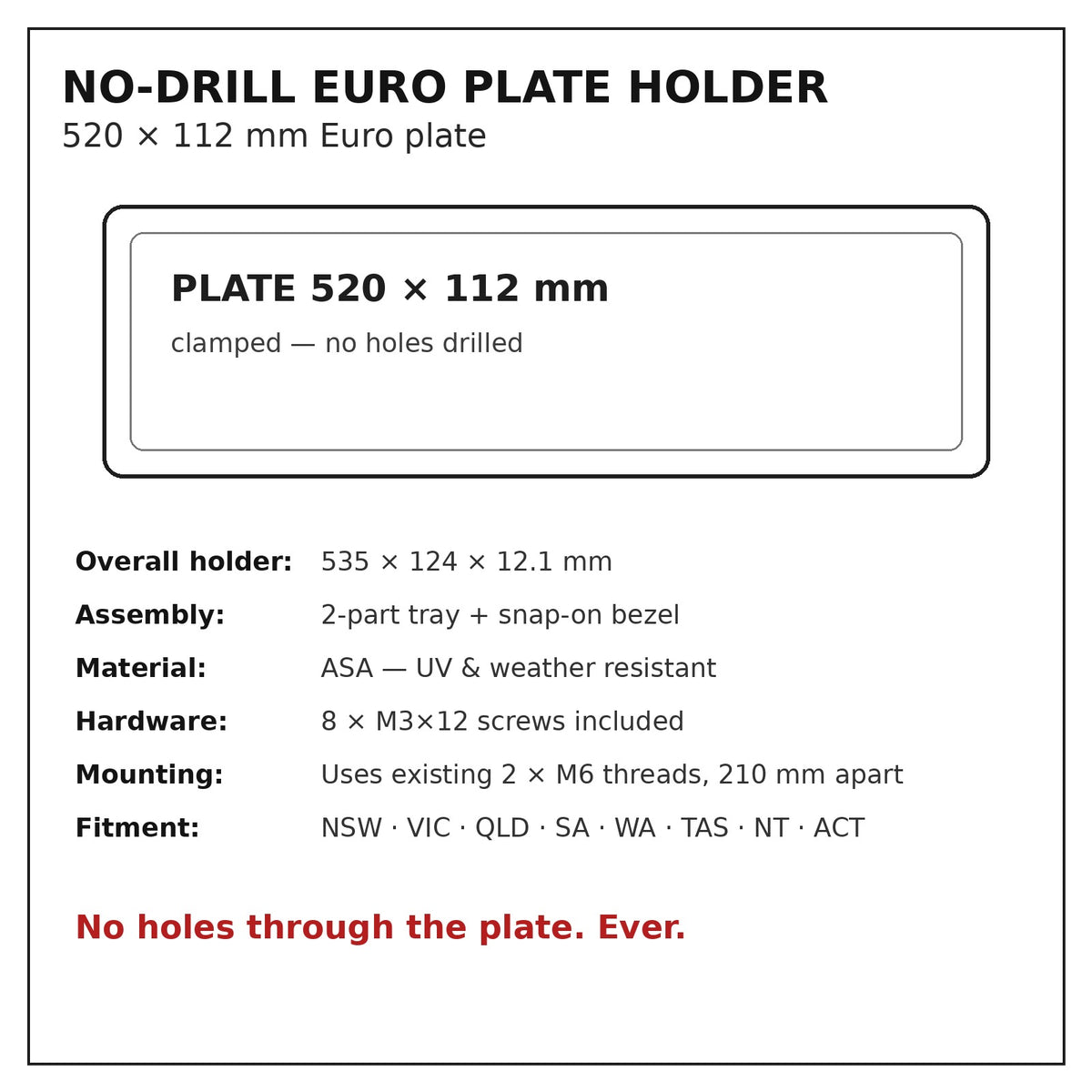 Dimensions and features: 535 x 124 x 12.1 mm, ASA, 8 M3 screws