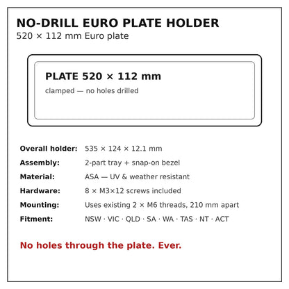 Dimensions and features: 535 x 124 x 12.1 mm, ASA, 8 M3 screws