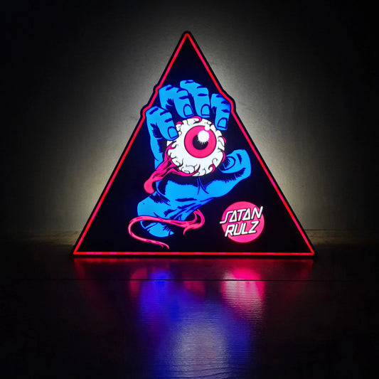 Satan Rulz LED Sign – Screaming Hand Skate Parody, Illuminati Eye Pyramid Light-Up Wall Art