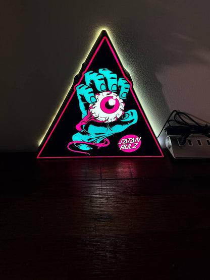 Satan Rulz LED Sign - Screaming Hand Skate Parody, front view lit
