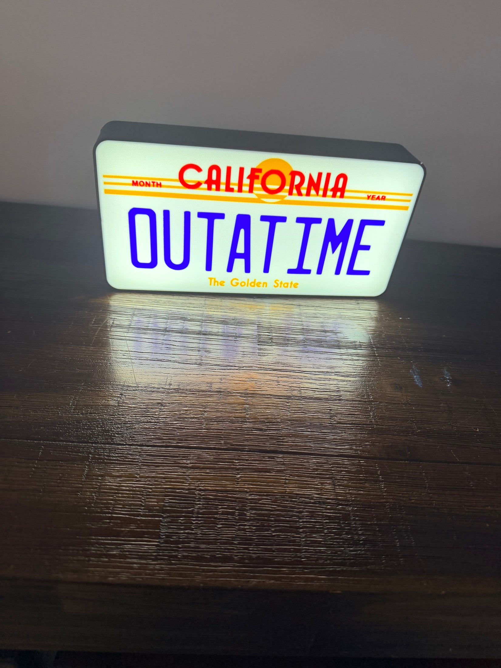 OUTATIME Plate - Back to the Future BTTF Logo - LED Light up sign / Illuminated Wall Art
