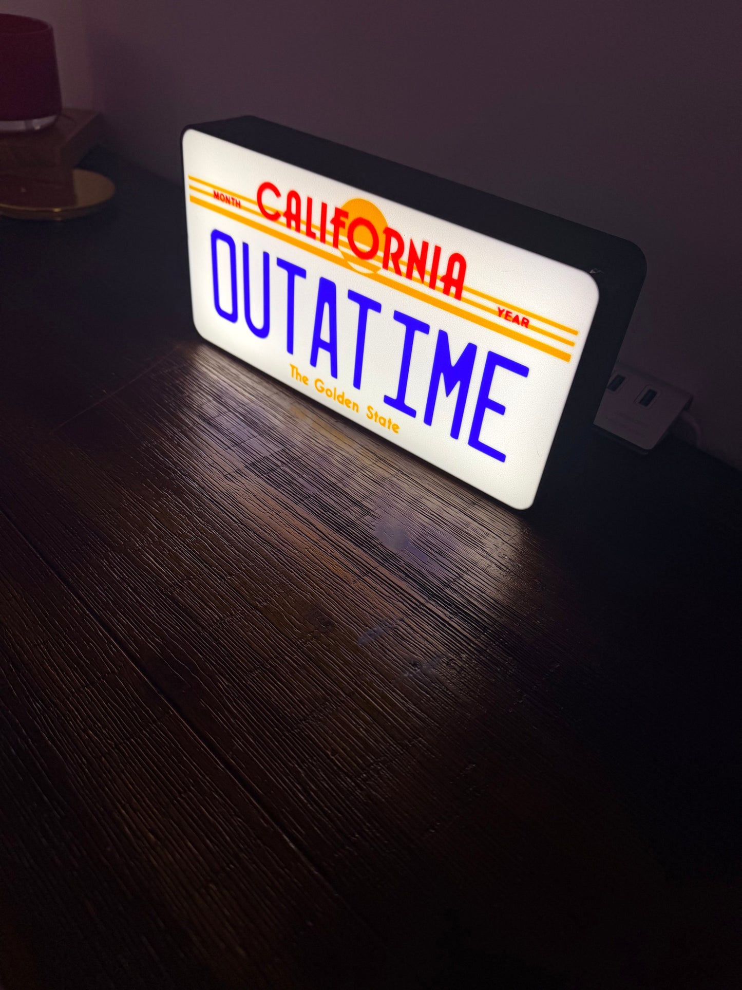 OUTATIME Plate - Back to the Future BTTF Logo - LED Light up sign / Illuminated Wall Art