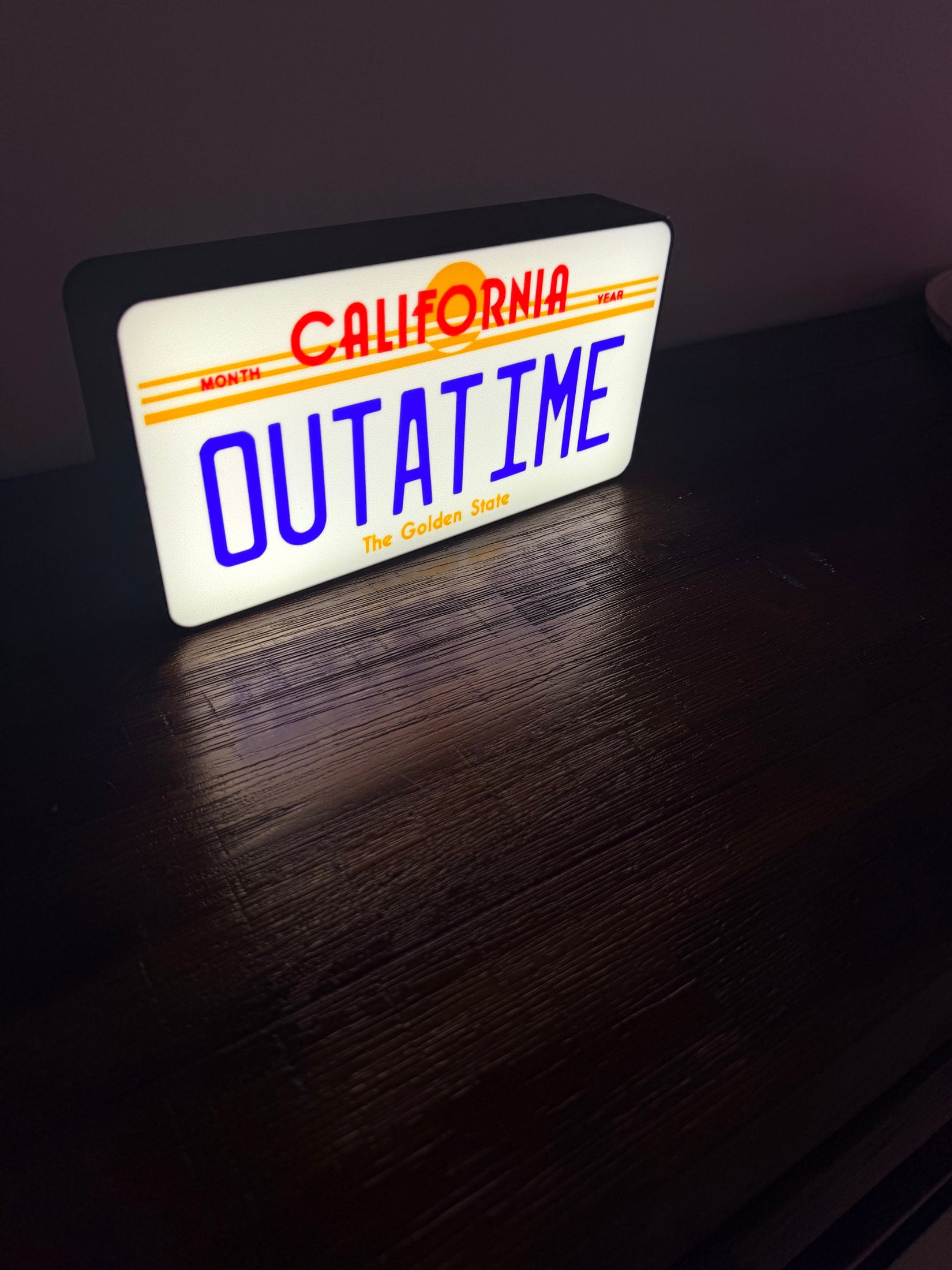 OUTATIME Plate - Back to the Future BTTF Logo - LED Light up sign / Illuminated Wall Art
