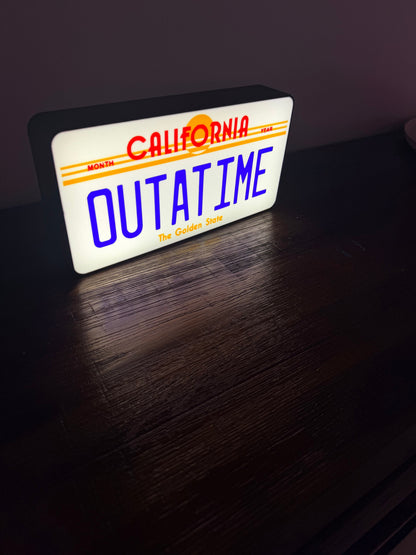 OUTATIME Plate - Back to the Future BTTF Logo - LED Light up sign / Illuminated Wall Art