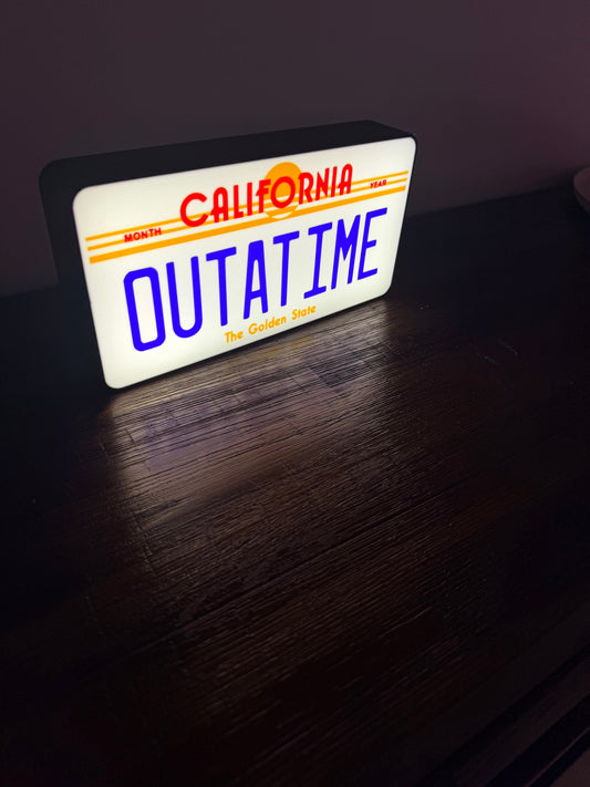 OUTATIME Plate - Back to the Future BTTF Logo - LED Light up sign / Illuminated Wall Art
