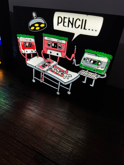 Retro Cassette Tape "Pencil..." - LED Light Up Sign - USB Powered
