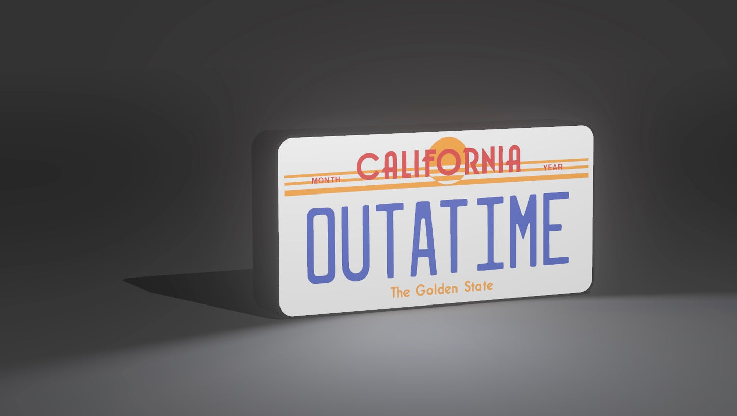 OUTATIME Plate - Back to the Future (BTTF) Logo - LED Light up sign / Illuminated Wall Art