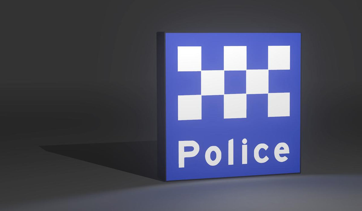 Australian Police LED light-up sign - blue and white chequered police station wall art