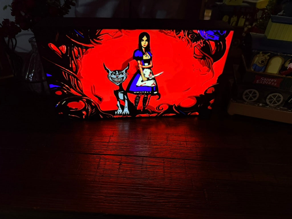 Dark Alice and Cheshire Cat LED Light - Gothic Video Game Art with Blood Red Background and Twisted Vines