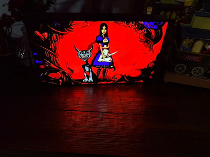 Dark Alice and Cheshire Cat LED Light - Gothic Video Game Art with Blood Red Background and Twisted Vines