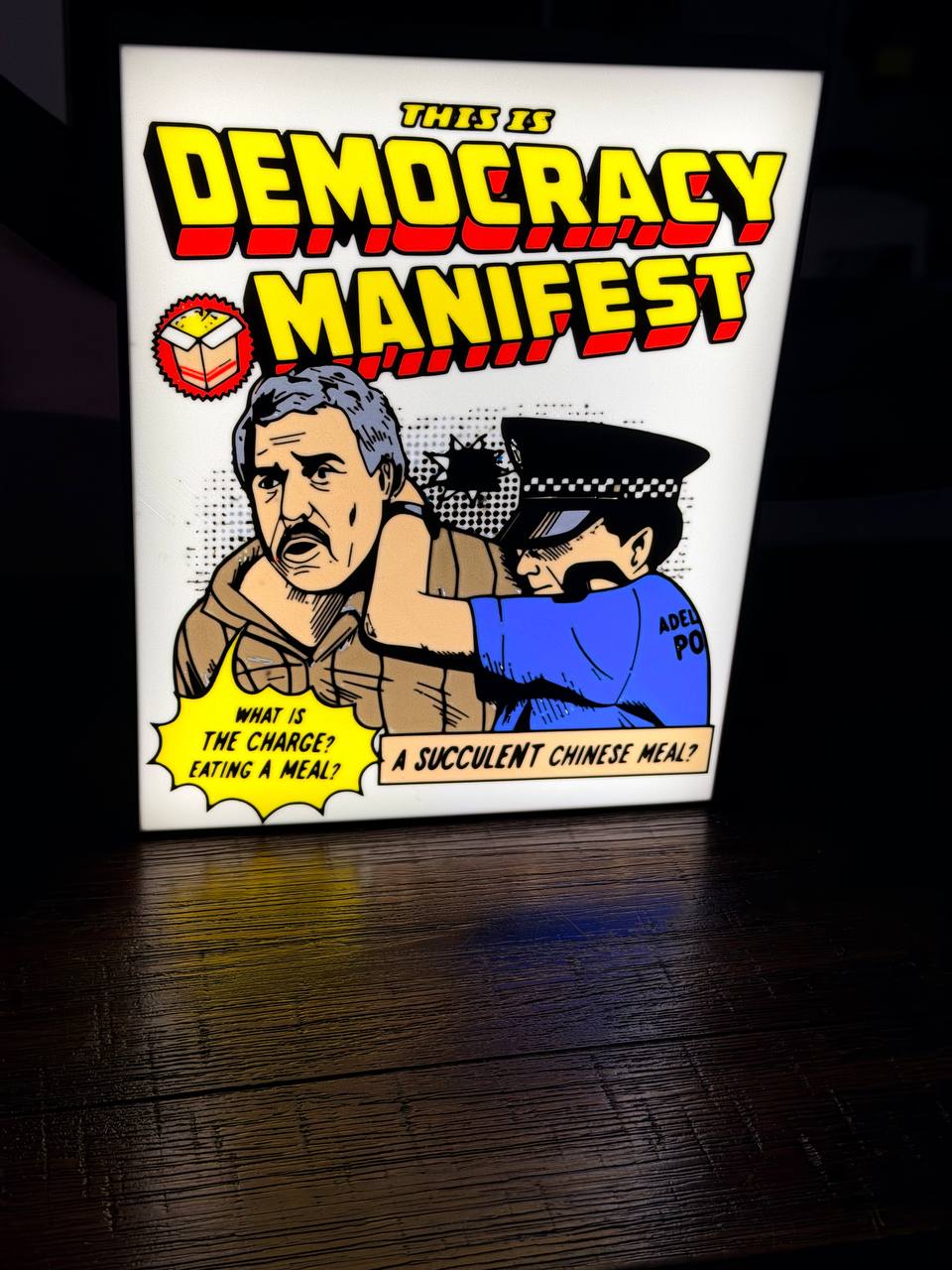 Democracy Manifest LED light-up sign - "This is Democracy Manifest" succulent Chinese meal Aussie meme wall art