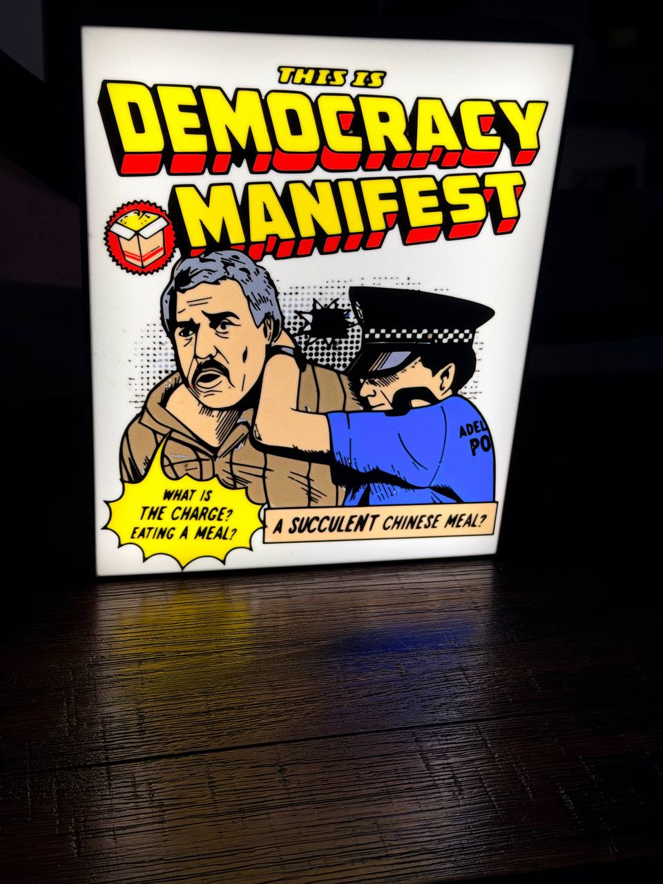 Democracy Manifest LED light-up sign - "This is Democracy Manifest" succulent Chinese meal Aussie meme wall art
