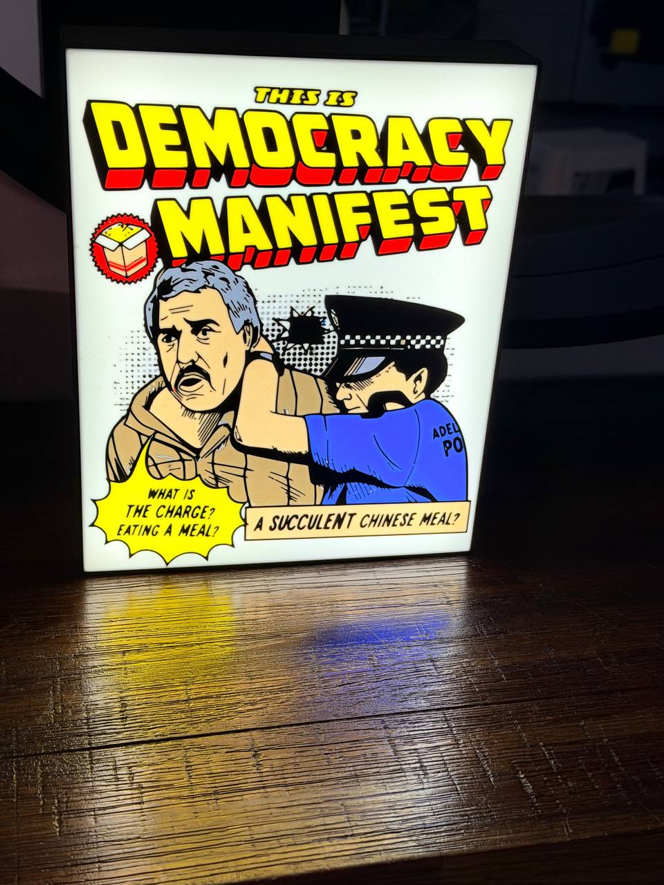 Democracy Manifest LED light-up sign - "This is Democracy Manifest" succulent Chinese meal Aussie meme wall art