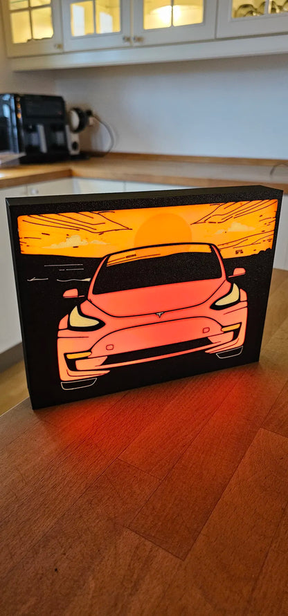 Tesla Model 3 - Stylised Car with Sunset - Night Light / Light Up Wall Art