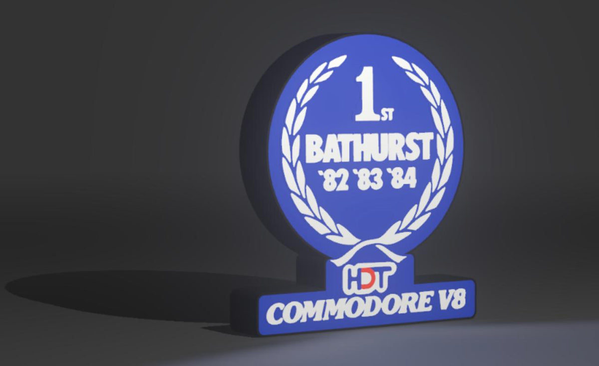 HDT Commodore V8 Bathurst 1982-83-84 LED light-up sign, blue face with laurel wreath and HDT mark