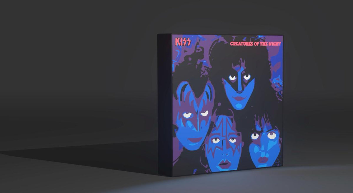 KISS Creatures of the Night album cover LED light-up sign in deep blue, lit