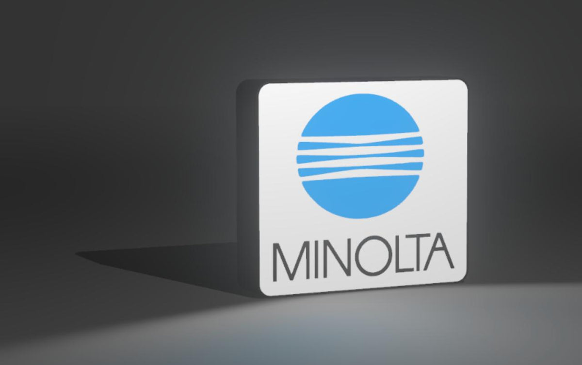 Minolta LED light up sign - blue sphere logo on a white face