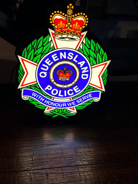 Queensland Police Service LED light-up sign - QLD police badge wall art with crown, blue roundel and With Honour We Serve banner