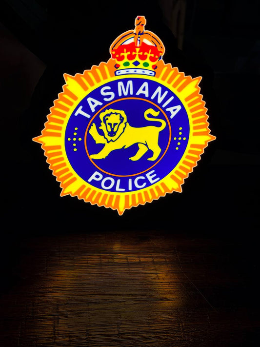 Tasmania Police LED light-up sign - TAS police badge with sunburst, blue roundel, lion and crown