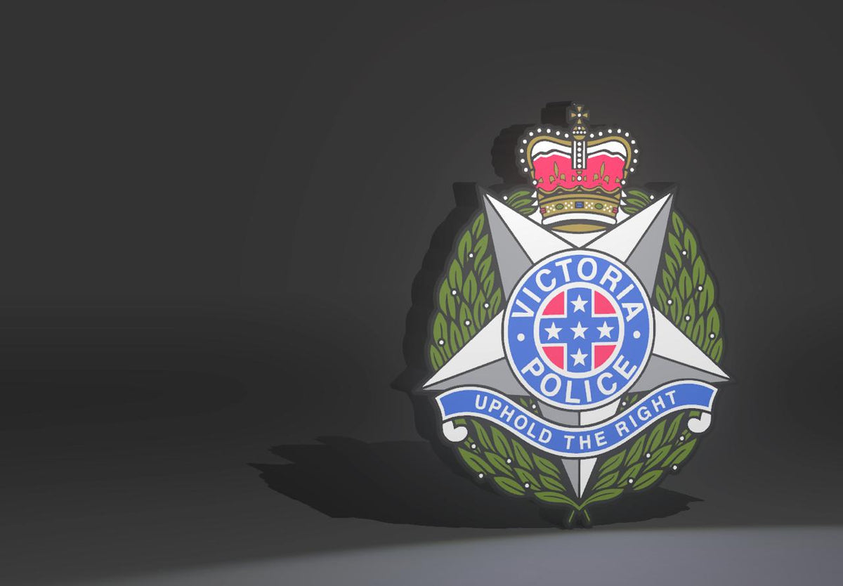 Victoria Police LED light-up sign - VIC police badge wall art with crown, Southern Cross roundel and Uphold the Right banner