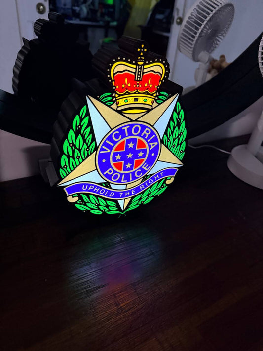 Victoria Police LED light-up sign - front view, VIC police badge lit with crown, Southern Cross roundel, laurel wreath and Uphold the Right banner