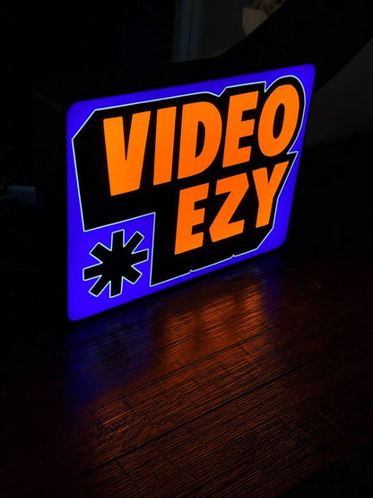 Video Ezy LED sign - blue background, angled view