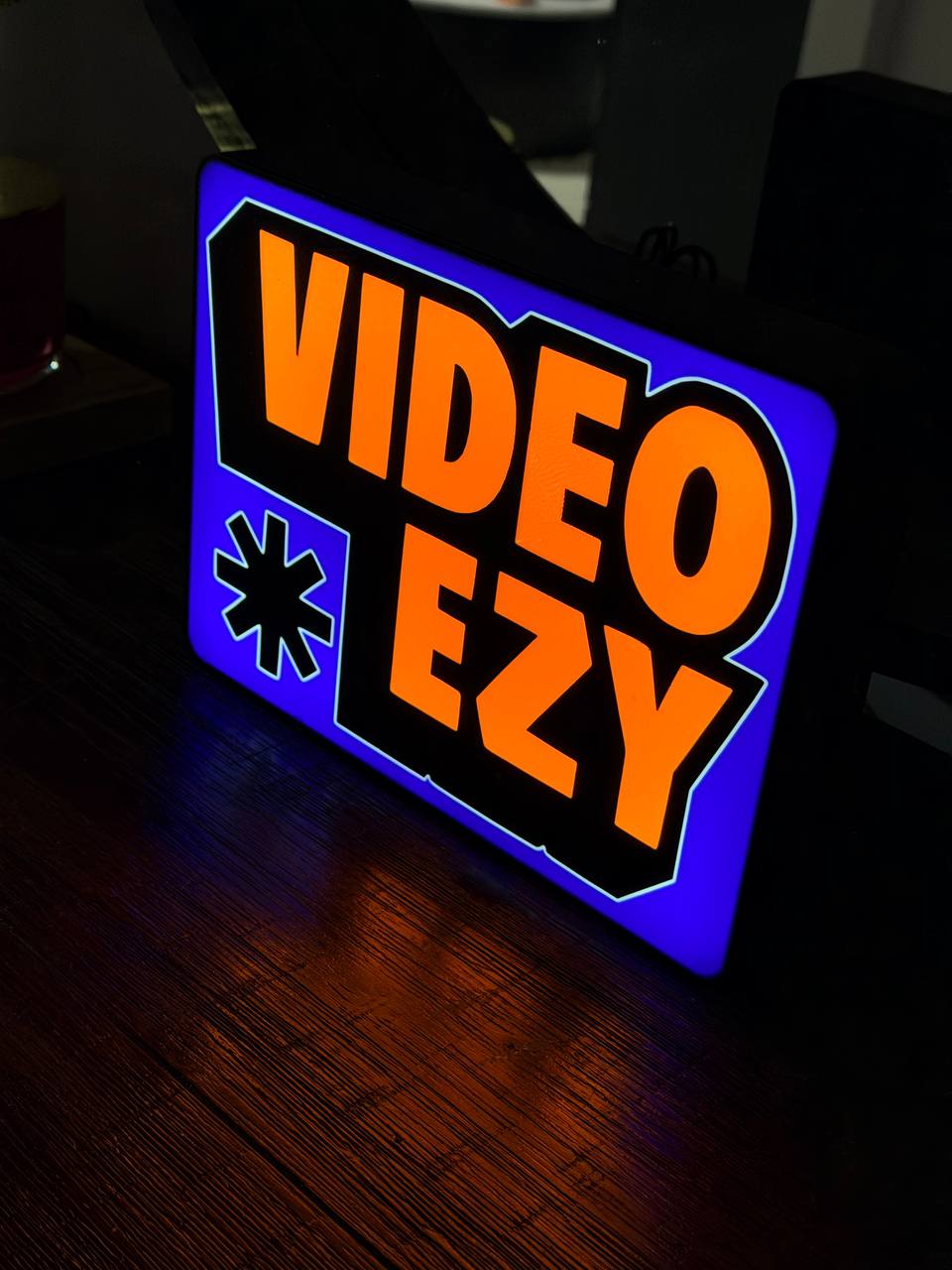 Video Ezy LED sign - blue background, three-quarter view